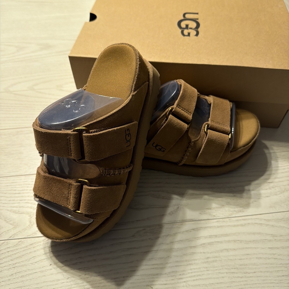 Ugg Goldenstar Hi Slide Platform Sandals Chestnut Suede 1155458 Women 5.5 NIB